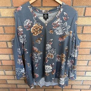 NWT Bobeau Grey Floral Sweater/Long Sleeve Top Open Cold Shoulder Size 1X